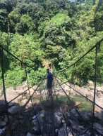 Nacho op een suspension bridge.